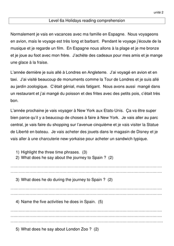 Level 6 Holiday Reading comprehension - Encore Tri