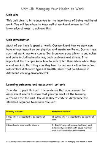 BTEC Workskills (E3) Unit 15: Managing your health at work