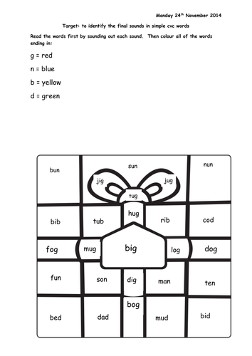 simple cvc word recognition colouring sheet teaching resources