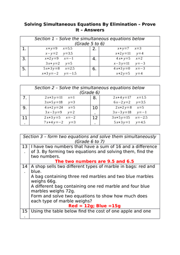 Simultaneous Equations Graded Worksheet Teaching Resources