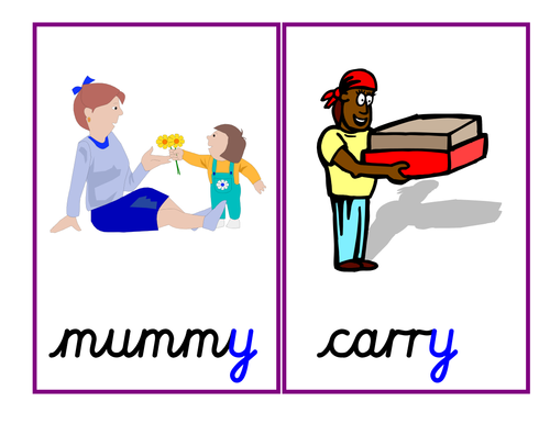Phase 5: alternative pronunciations of the letter 'y' [cry, baby, gym], cards, pics, chart & ppt