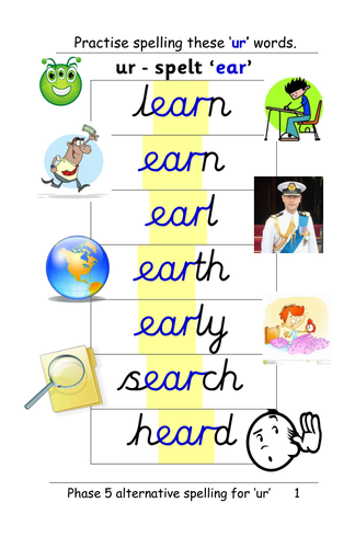 Phase 5 alternative spellings of ur[learn, work] ppt, group cards, rhyming activity, revision gri