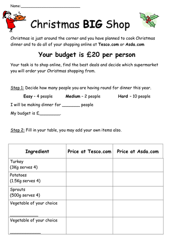 Maths christmas shopping task