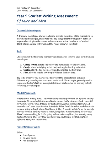 Of Mice and Men Writing Assessment