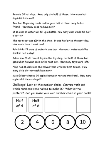 Halving word problems Year 1