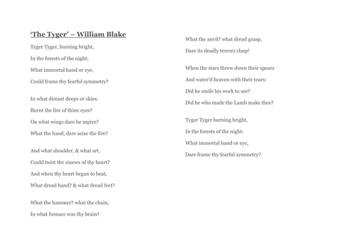'Menu' style lesson on 'The Tyger' - William Blake