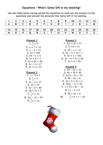 What's In My Stocking? Solving Equations Task