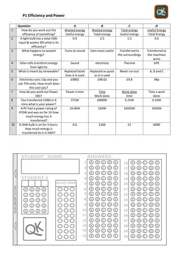 Efficiency and Power calculations quickkey quiz