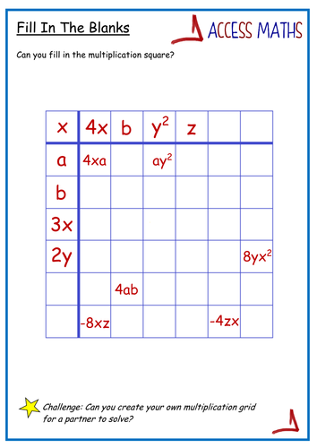 Algebra Multiplication Grid Fill In The Blanks