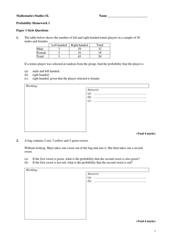 Math studies - sets; logic and probability