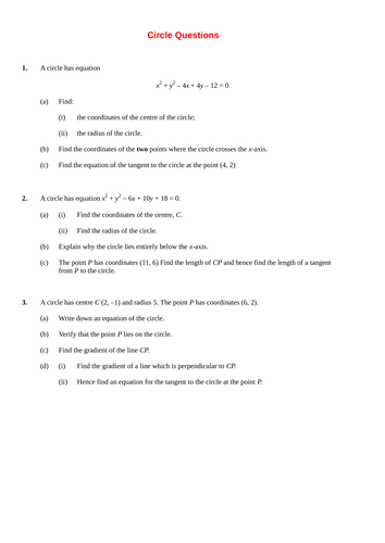 Handout of Circles Questions