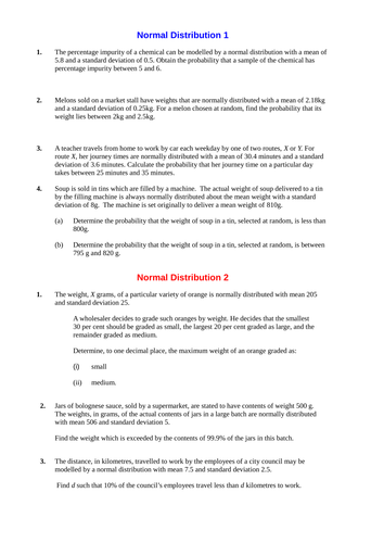 Normal Distribution Question sheets