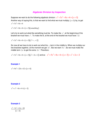 Factor and Remainder Theorem; Algebraic Division