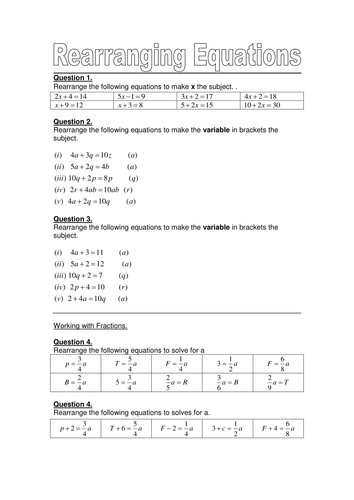 Rearranging Formula/Equations Worksheet | Teaching Resources