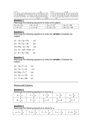 Rearranging Formula/Equations Worksheet