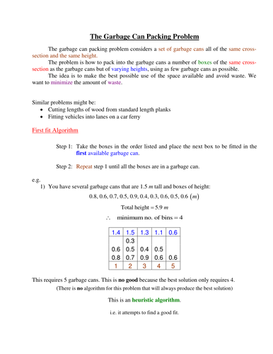 Garbage Can Packing Algorithm First Fit