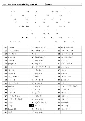 Negative numbers maze inc BIDMAS