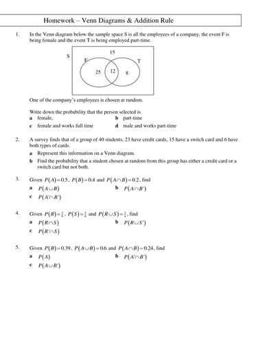 Homework on addition rule and venn diagrams