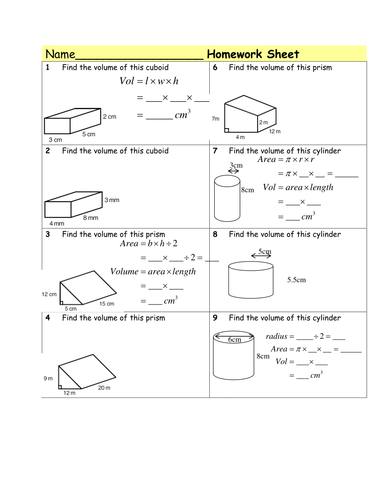 Homework Volume of Prisms & cylinders