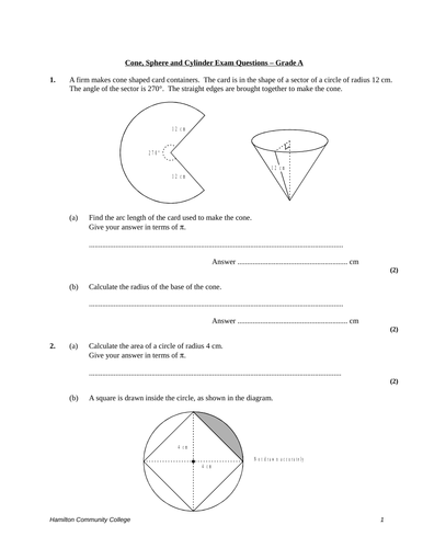 Questions – Cone Sphere Cylinder