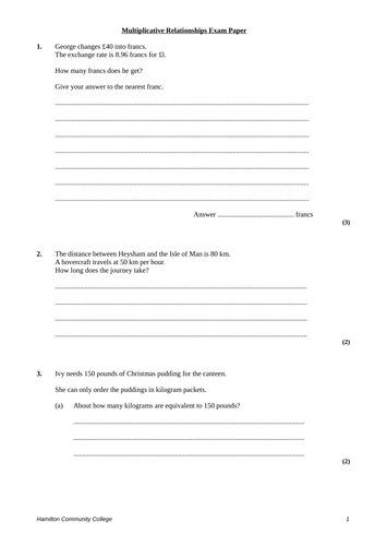 Test Questions – Multiplicative Relationships