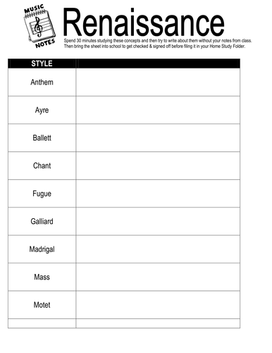 Higher Level Music Homework review Sheets