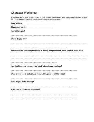 Developing A Character Worksheets