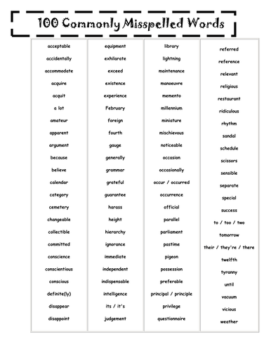 Commonly Misspelled Words Handout Teaching Resources