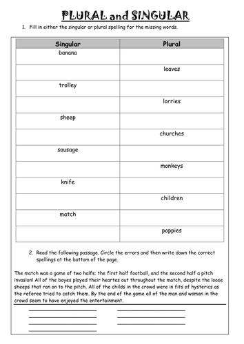 Plural and singular task sheet (starter)