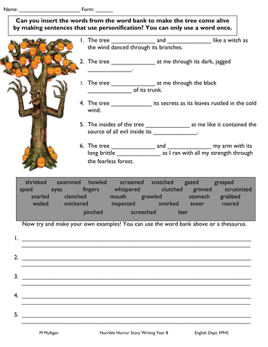 Personification handout on Horror genre | Teaching Resources