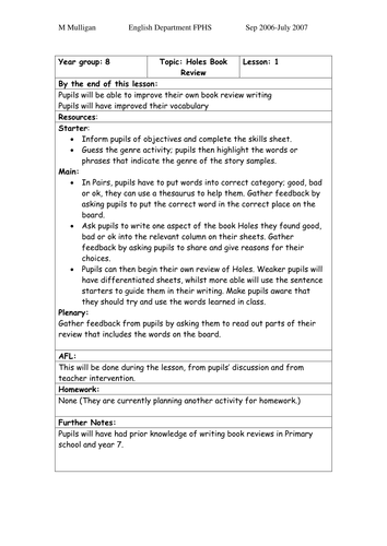 Holes lesson on writing a book review