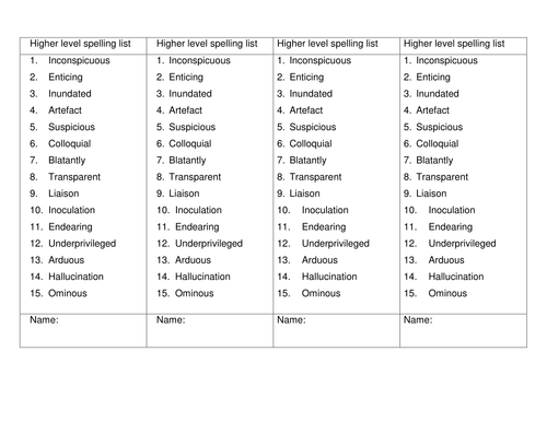 Higher Level Spelling List Teaching Resources