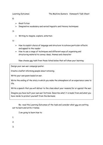 The Machine Gunners homework sheet
