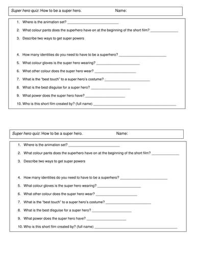 Superhero scheme how to be a superhero quiz sheet