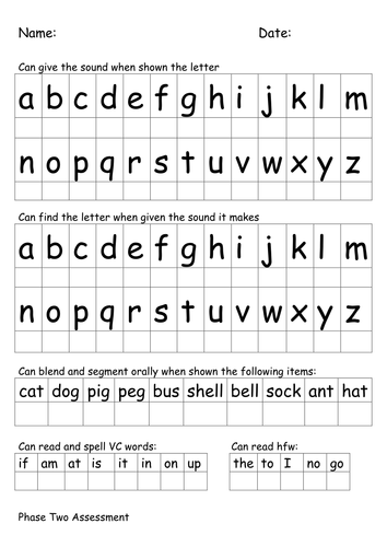 Teach child how to read: Letters And Sounds Phonics Assessment Sheet