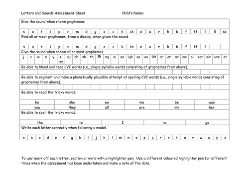 Letters And Sounds Individual Child's Assessment Sheet 