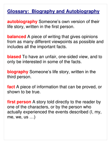 Glossary for Autobiography & Biography