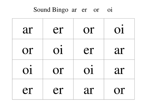 Phonics Bingo game boards: ar   er    or     oi