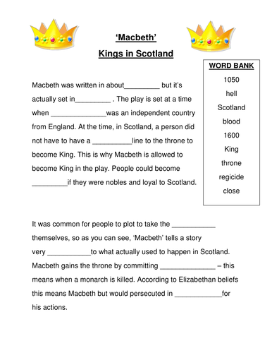 Macbeth: kings in Scotland - cloze activity