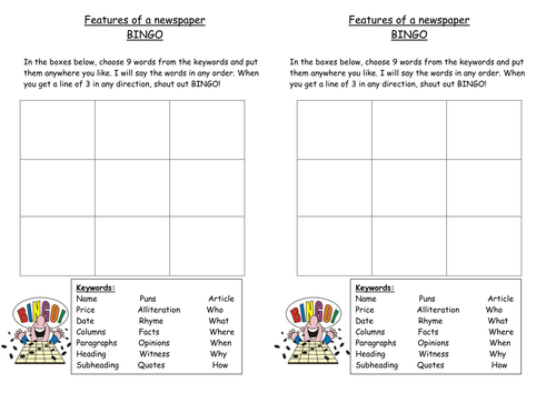Features of a newspaper bingo