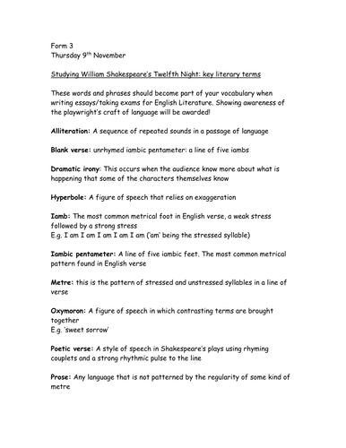 Glossary of terms-studying Shakespeare | Teaching Resources