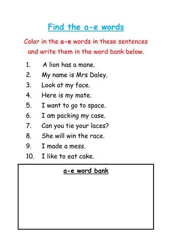 Find and color the a-e words