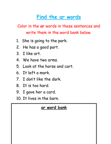 Find and Color the 'ar' Words