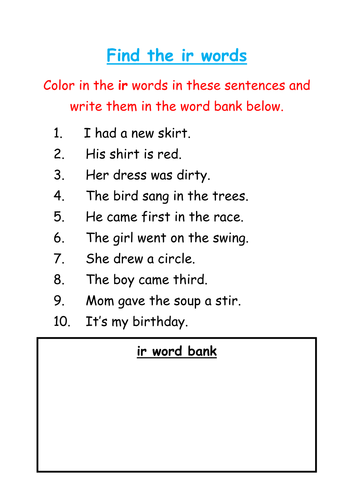 Find and color the 'ir' words