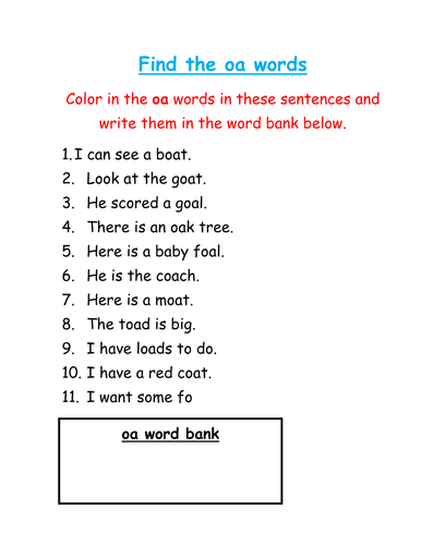 Find and color the 'oa' words