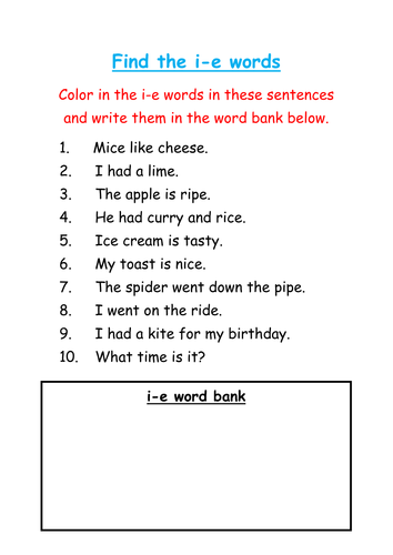 Find and color the 'i-e' words