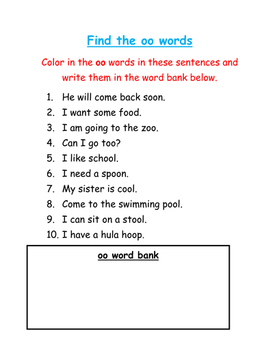 Find and color the 'oo' words