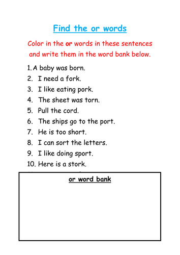Find and color the 'or' words
