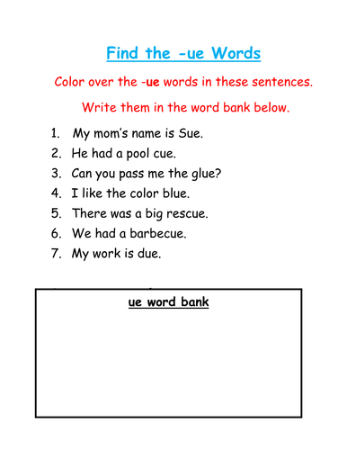 Phonics - Find and color the 'ue' words