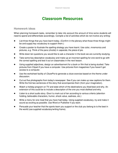 Literacy based homework ideas